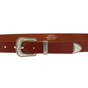 Ceinture en cuir marron avec boucle et pointe en métal gravé
