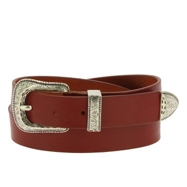 Ceinture en cuir marron avec boucle et pointe en métal gravé