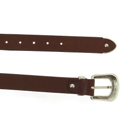 Dark brown leather belt with engraved metal buckle and tip