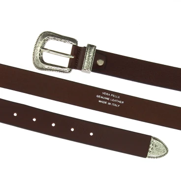 Ceinture en cuir marron foncé avec boucle et pointe en métal gravé