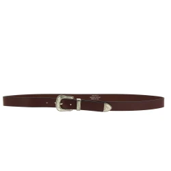 Dark brown leather belt with engraved metal buckle and tip