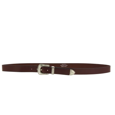 Ceinture en cuir marron foncé avec boucle et pointe en métal gravé