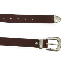 Ceinture en cuir marron foncé avec boucle et pointe en métal gravé