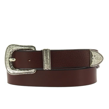 Ceinture en cuir marron foncé avec boucle et pointe en métal gravé