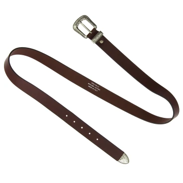 Dark brown leather belt with engraved metal buckle and tip