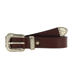 Ceinture en cuir marron foncé avec boucle et pointe en métal gravé