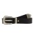 Black leather belt with engraved metal buckle and tip