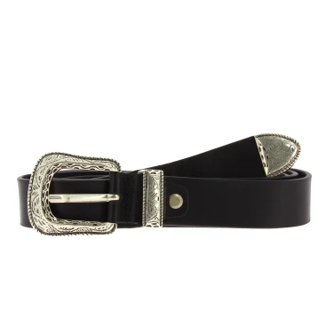 Ceinture en cuir noir avec boucle et pointe en métal gravé