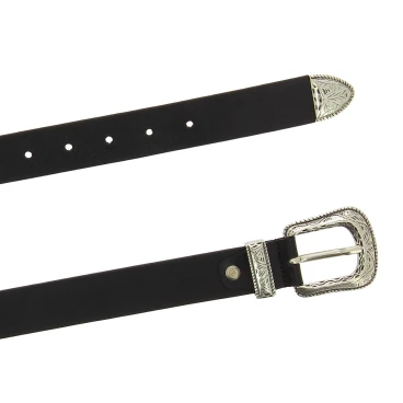 Ceinture en cuir noir avec boucle et pointe en métal gravé