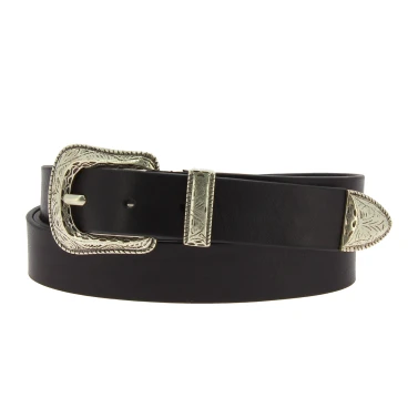 Ceinture en cuir noir avec boucle et pointe en métal gravé
