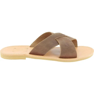 Men's slipper sandals with crossed bands in dark brown nubuck leather