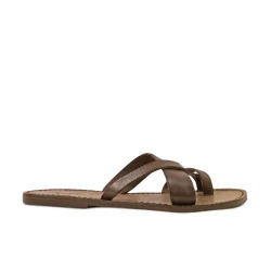 Damen-Riemchen-Sandalen aus ockerfarbenem Leder in Italien von Hand gefertigt