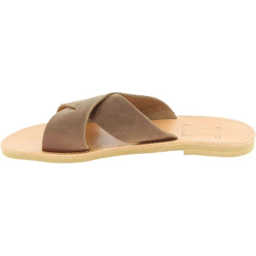 Men's slipper sandals with crossed bands in dark brown nubuck leather