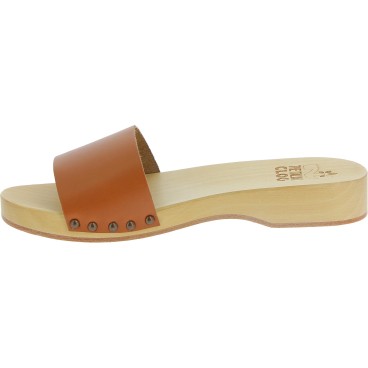 Zuecos de madera para hombre con correa de piel marrón