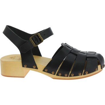 Zoccoli in legno artigianali da donna con tomaia a gabbia in pelle nera