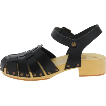 Handgefertigte Holzclogs für Damen mit schwarz Lederkäfig-Obermaterial