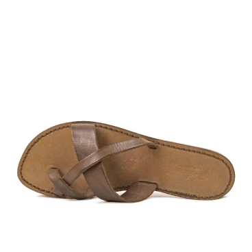 Damen-Riemchen-Sandalen aus ockerfarbenem Leder in Italien von Hand gefertigt