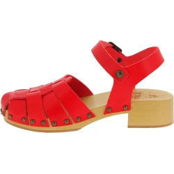 Sabots pour femme en bois faits à la main avec tige cage en cuir rouge