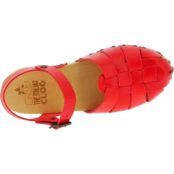 Zuecos para mujer de madera con parte superior de jaula en cuero rojo