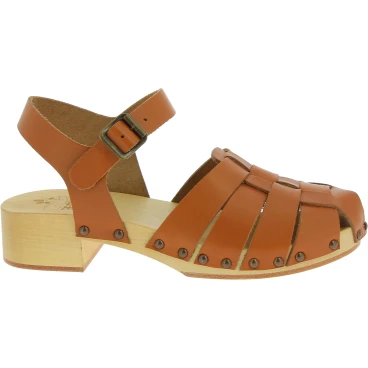 Zoccoli donna in legno artigianali con tomaia a gabbia in pelle color cuoio