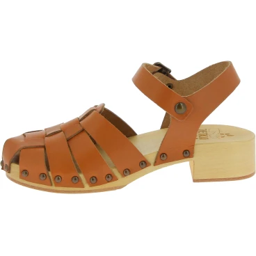 Zoccoli donna in legno artigianali con tomaia a gabbia in pelle color cuoio