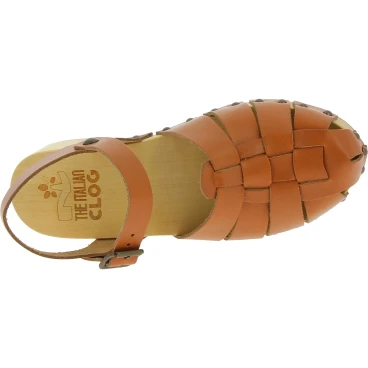 Zoccoli donna in legno artigianali con tomaia a gabbia in pelle color cuoio