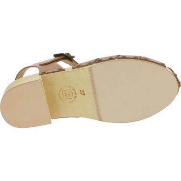 Zoccoli donna in legno artigianali con tomaia a gabbia in pelle color cuoio