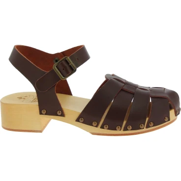 Holzclogs Damen mit Dunkelbraune Lederkäfig-Obermaterial Handgefertigte