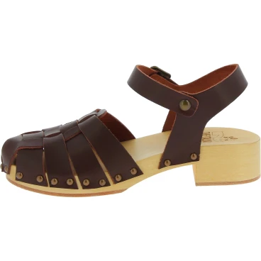 Women's clogs with dark brown leather cage upper Handmade