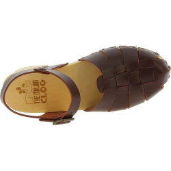 Sabots femme artisanales en bois avec tige cage en cuir marron foncé