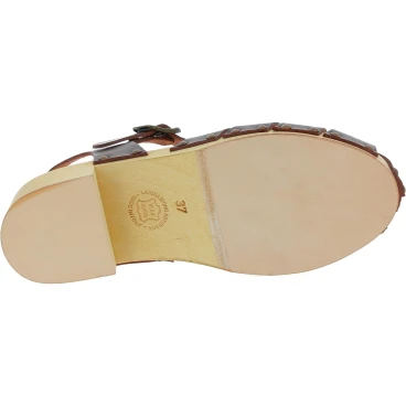 Sabots femme artisanales en bois avec tige cage en cuir marron foncé
