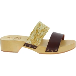 Wooden mules with dark brown leather and rafia band Handmade
