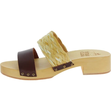 Mules femme artisanales en bois avec bande en raphia et cuir marron foncé