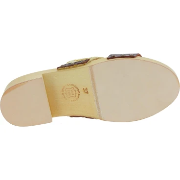 Mules femme artisanales en bois avec bande en raphia et cuir marron foncé