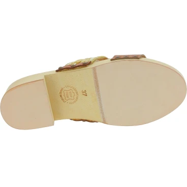 Wooden mules with tan leather and rafia band Handmade