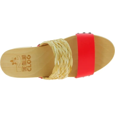 Mules femme artisanales en bois avec bande en raphia et cuir rouge