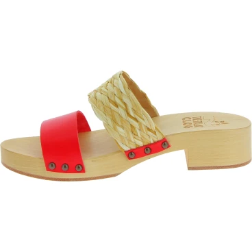 Mules femme artisanales en bois avec bande en raphia et cuir rouge