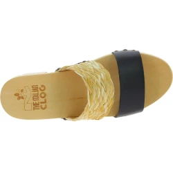 Mules pour femme artisanales en bois avec bande en raphia et cuir noir