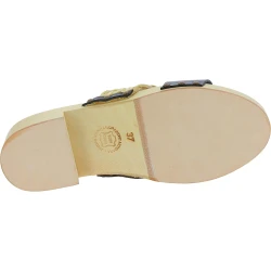 Sabot da donna in legno artigianali con fascia in rafia e pelle nero