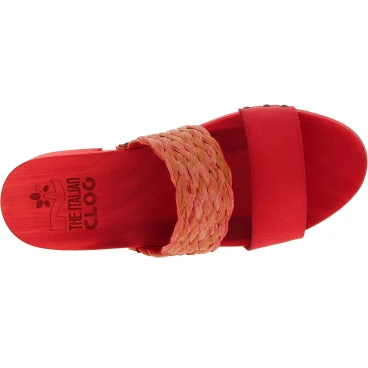 Red mules with leather and rafia band Handmade