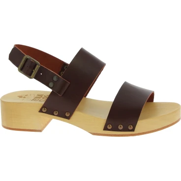 Wood clogs for women with dark brown leather bands Handmade