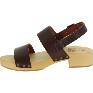 Wood clogs for women with dark brown leather bands Handmade