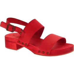 Sabot femme rouge artisanales en bois avec bande en cuir veritable