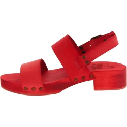 Sabot femme rouge artisanales en bois avec bande en cuir veritable