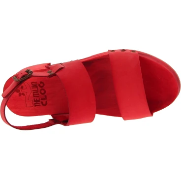 Zueco tacón de madera rojo con banda de cuero genuino