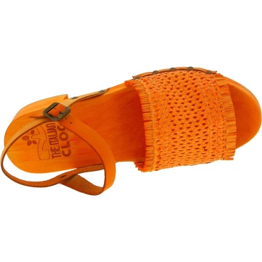 Zoccolo da donna arancio in legno con fascia in vera pelle intrecciata