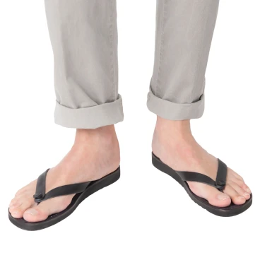 Black leather thongs sandals for men with thick rubber sole