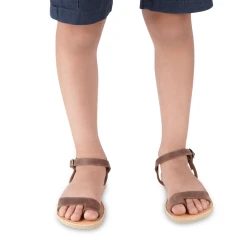 Sandali infradito da bambino in pelle nubuk marrone scuro chiusura con fibbia