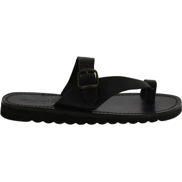 Tongs faites à la main en cuir noir avec boucle
