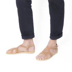Men's handmade thong sandals in tan nubuck leather